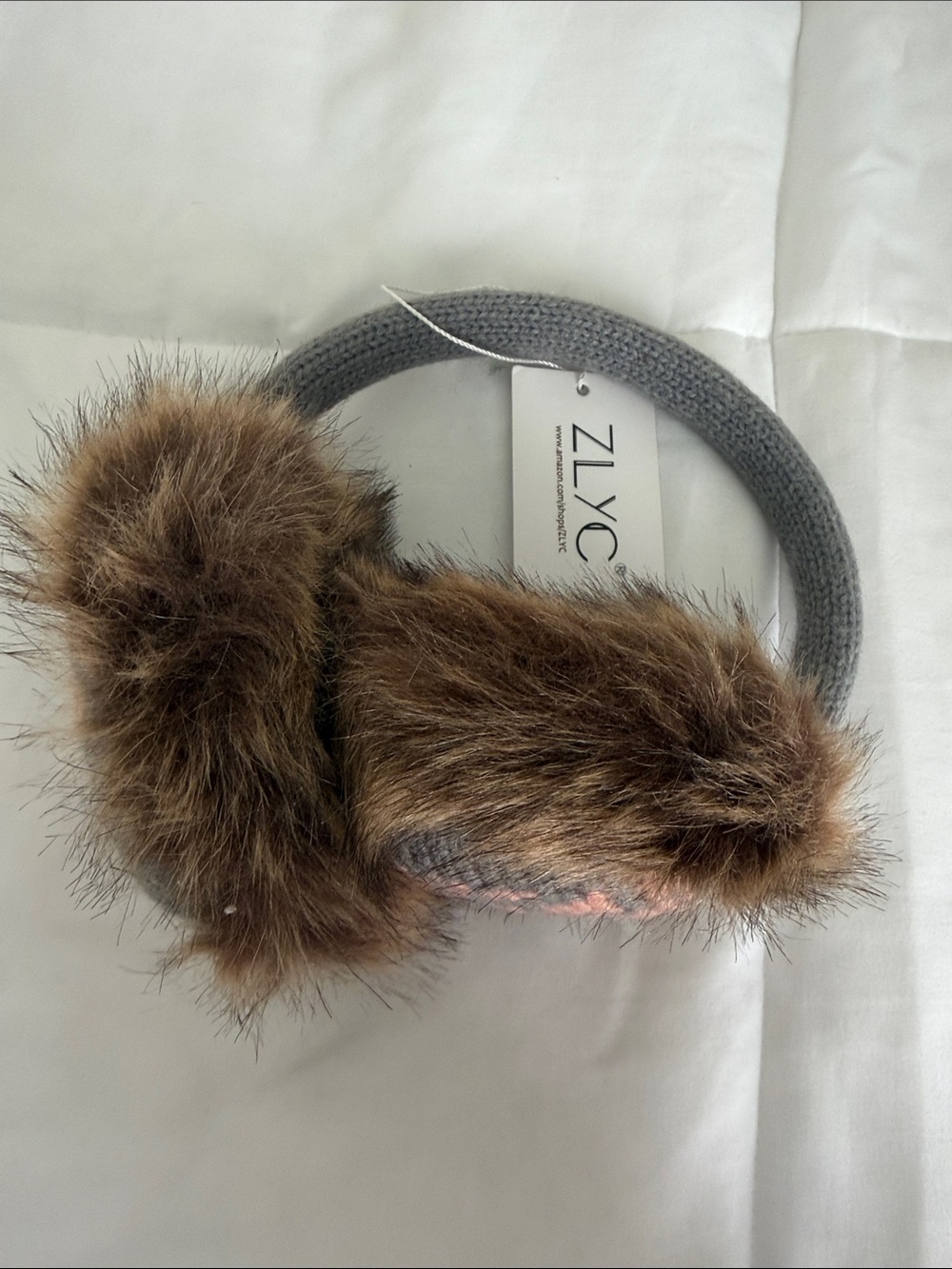 Brown Faux Fur Ear Muffs with Gray Knit Headband